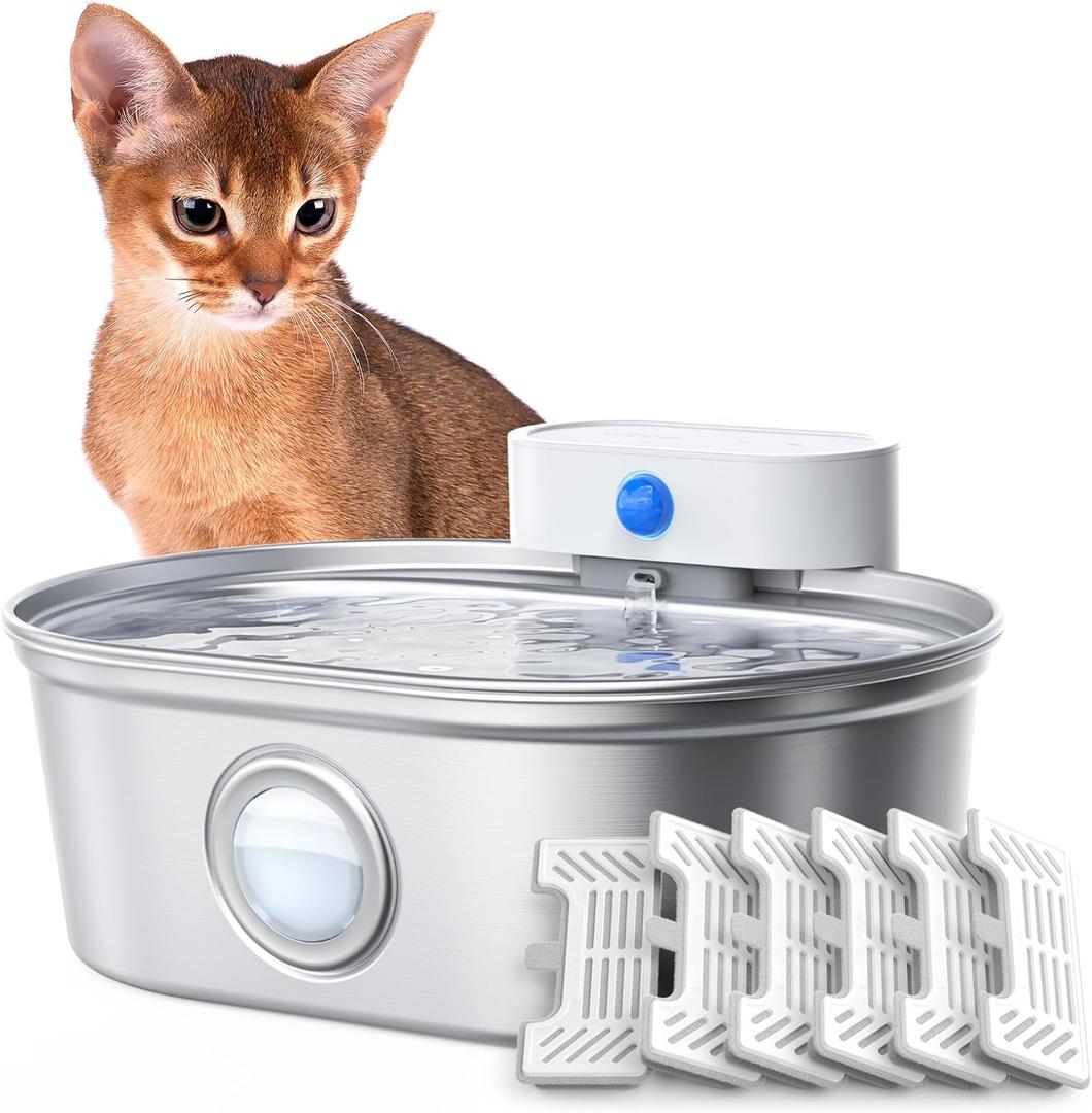 Uahpet Wireless Cat Water Fountain Stainless Steel Pro, External Pump Battery Operated Pet Waterer, Dog Drinking Dispenser with Water Level Window, 67oz/2L