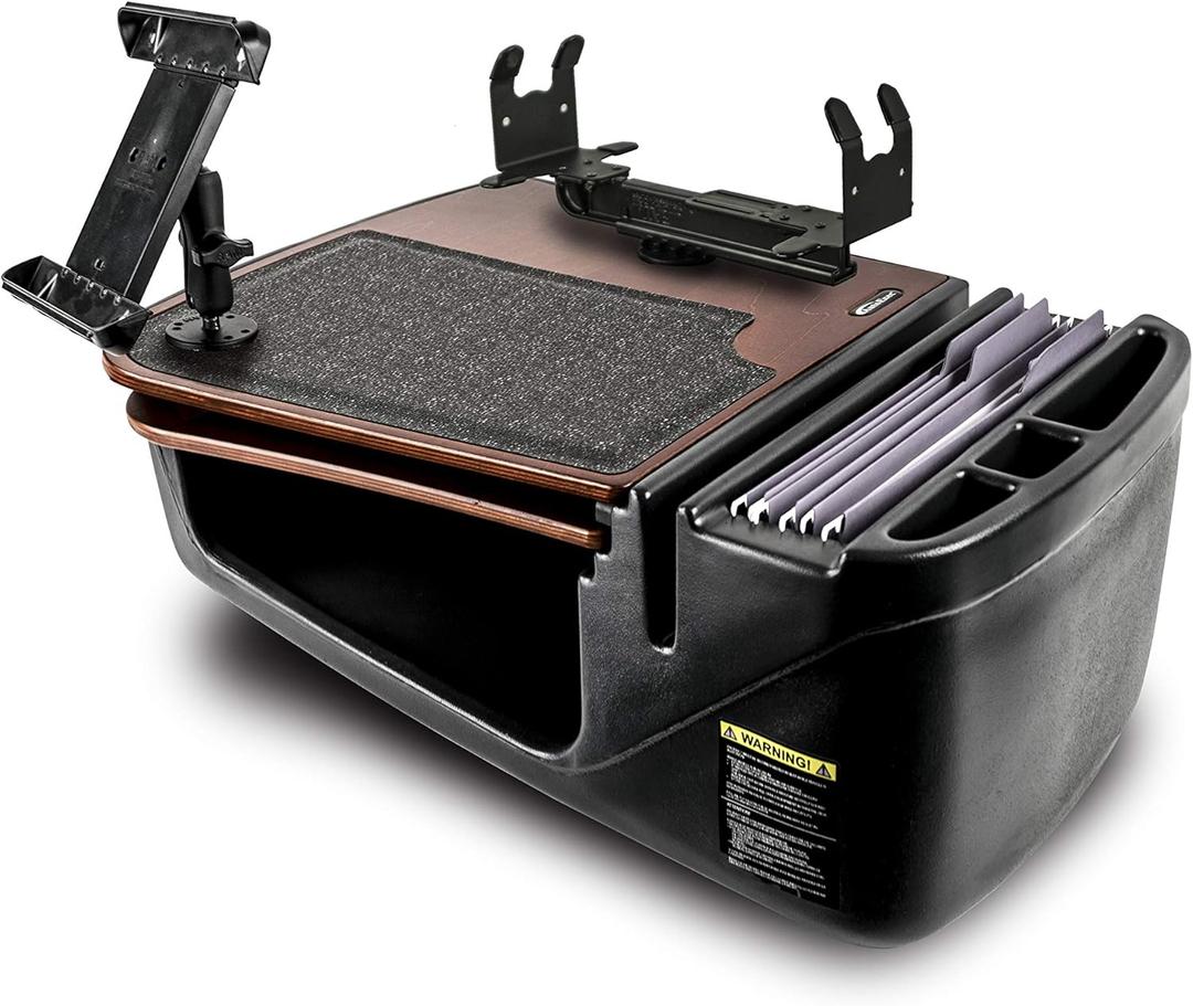 AutoExec AUE15350 GripMaster Car Desk Mahogany Finish with Printer Stand and Tablet Mount