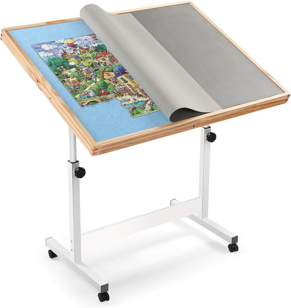 Vasitelan Adjustable Wooden Jigsaw Puzzle Table with Wheels, Puzzle Tables Fits 1500 Piece Puzzles,Wooden Puzzle Board for Adults (Blue, Without Drawer)