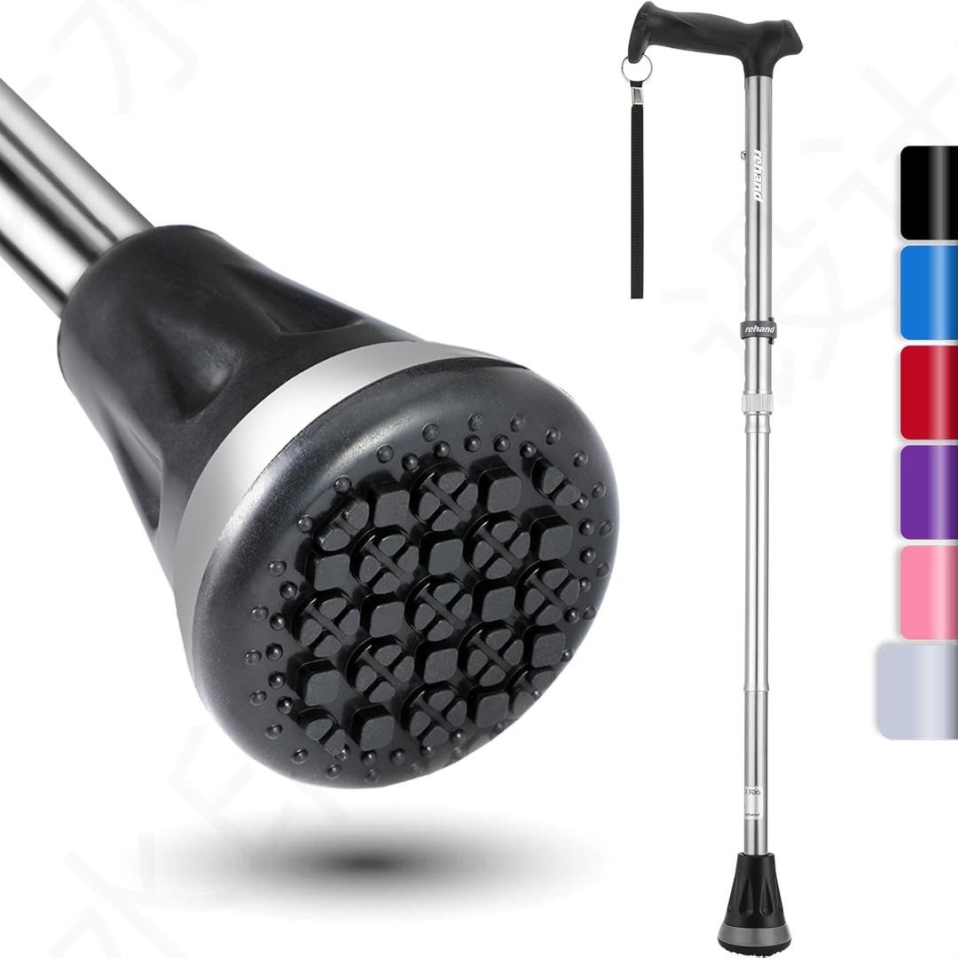 REHAND Walking Cane - Foldable, Adjustable, Collapsible Walking Canes for Men & Women, Heavy Duty All Terrain Tip, with Travel Bag | Walking Sticks for Seniors & Adults (SILVER)