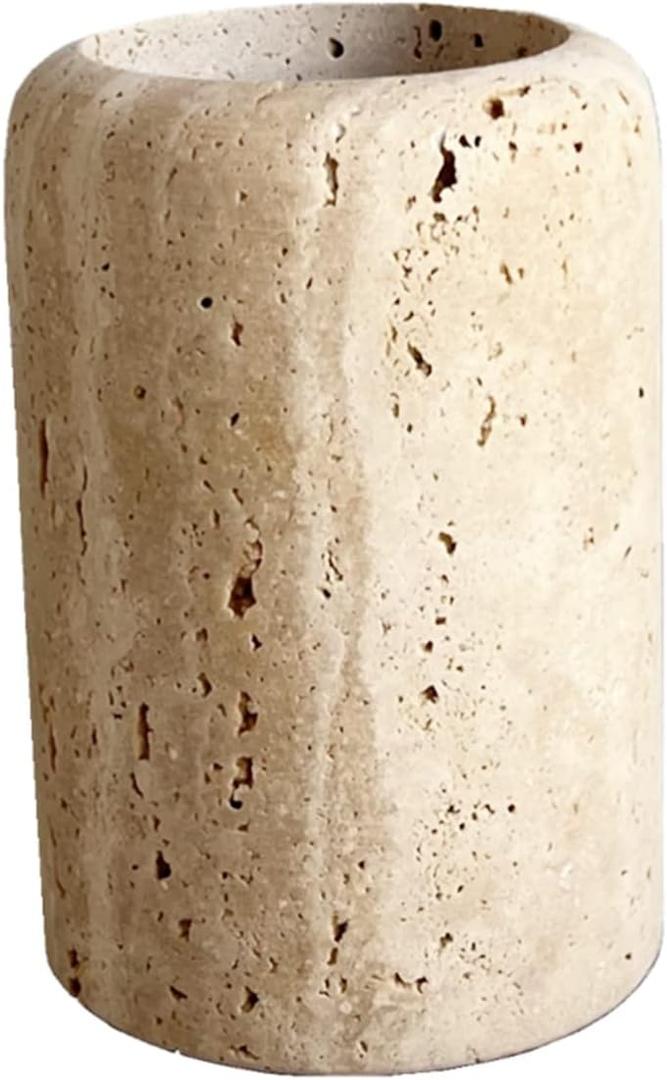 Natural Beige Marble Travertine Toothbrush Holder Makeup Brush Holder Bathroom Countertop Organizer (Rice White Travertine)