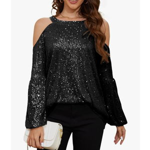 Sequin Tops for Women Sequin Halter Tops Balloon Long Sleeve Sparkly Glitter Shirts Sequin Blouse for Party Disco. Size XL