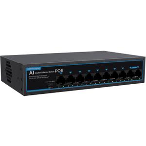 8 Port Gigabit PoE Switch with 2 Gigabit Uplink, 1000Mbps, 802.3af/at, 120W Built-in Power, Vlan, Unmanaged Metal Plug and Play,Ideal for NVR and Power Over Ethernet IP Cameras