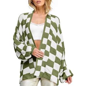 Saodimallsu Womens Checkered Oversized Cardigan Sweaters Color Block Chunky Open Front Lantern Sleeve Plaid Knit Coats, Medium -Large