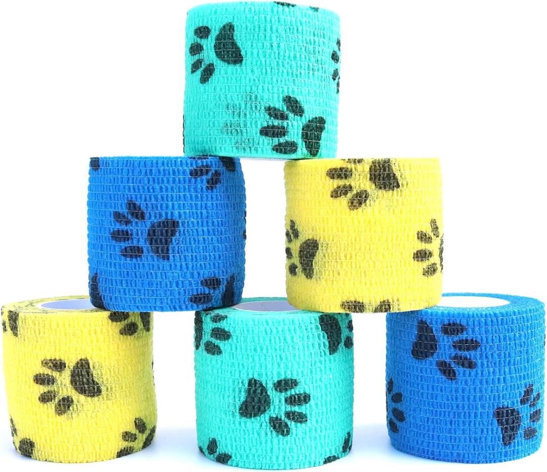 Pet Wrap, Self-Adhesive, Only Sticks to Itself, Non-Woven Tape for Dog Legs, Paws, Wounds, First Aid Cohesive Gauze for Horse, Cat, Bird, Animal, 6 Rolls, 1" x 5 Yards Pawprints A