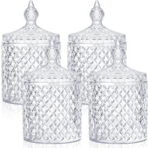 Aoriher 4 Pcs Crystal Glass Candy Jar Set with Lids Home Decorative Storage Jars for Apothecary, Bathroom, Kitchen, and Pantry, Ideal for Cotton Swabs and Jewelry(Large,Clear)