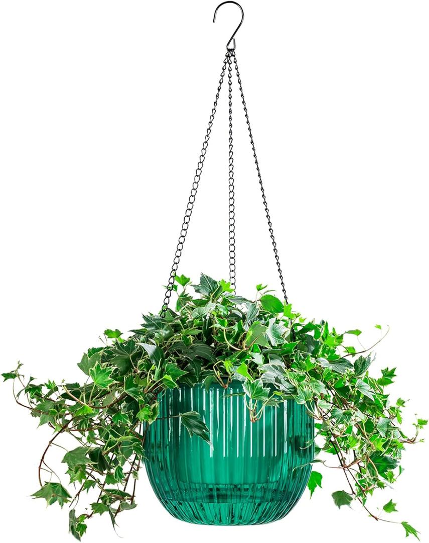Melphoe 1 Pack Self Watering Hanging Planters Indoor Flower Pots, 8.3 Inch Outdoor Hanging Plant Pot Basket, Plant Hanger with 3Hooks Drainage Holes for Garden Home (Emerald)