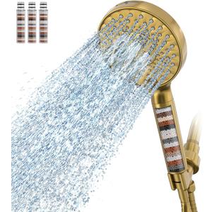 SR SUN RISE Filtered Shower Head with Handheld High Pressure 9 Spray Mode Showerhead Detachable Shower Head Water Softener Filters Beads for Hard Water Remove Chlorine 4 Filters Brushed Gold