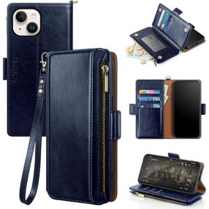 Antsturdy Compatible with iPhone 15 Wallet Case Card HolderRFID Blocking PU Leather Phone Case Women Men flip Protective Cover Wrist Strap Zipper Credit Card Slots,for Apple 15 6.1",Dark Blue