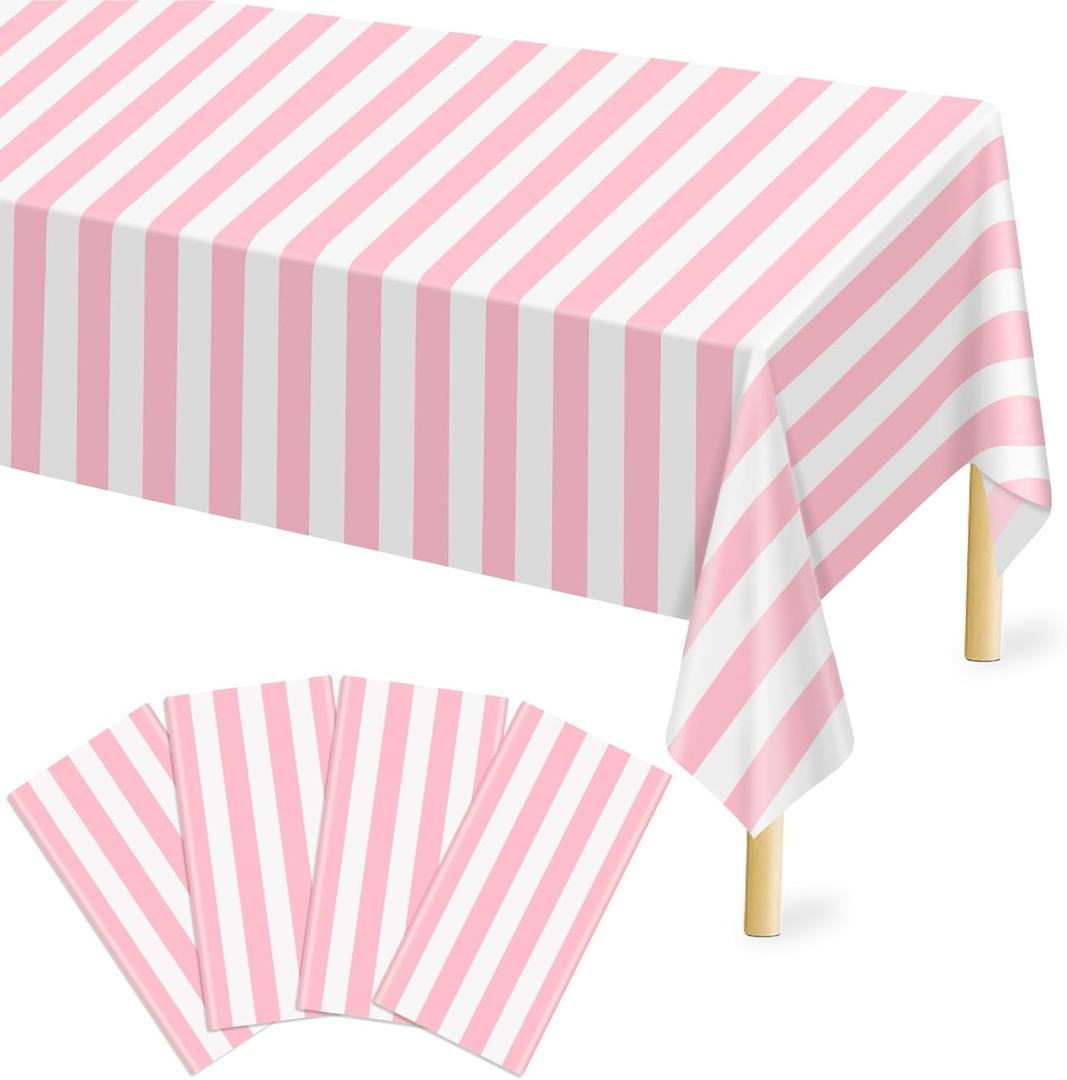 Mulbozy Plastic Table Cloth Disposable 4 Pack, 54  108 Inch Pink and White Stripe Tablecloths, Pink Plastic Table Cover for Carnival, Movie Night, Birthday, Halloween, Christmas Party