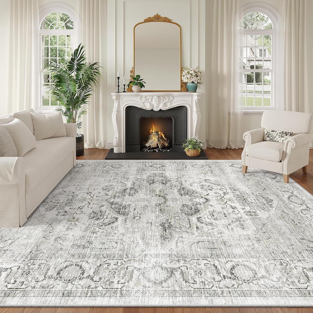 Washable 8x10 Area Rug - Large Soft Rugs for Living Room Vintage Stain Resistant Carpet for Bedroom with Non Slip Backing Home Decor Indoor Floor Mat (Ivory/Gray,8'x10')