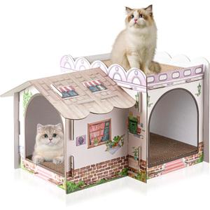 Multi Level Cardboard Cat House with 3 Scratchers Large Sturdy Country House Themed Cat Villa 17"x12"x10" Cute Pet Condo Beds Toys Hideout for Bunny Small Animals Birthday Party