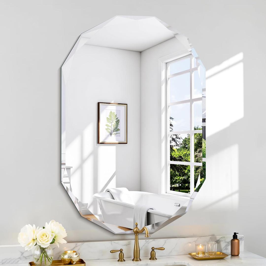 GLASHOM Frameless Oval Bathroom Mirror, 24x36 inch Beveled Wall Mirror