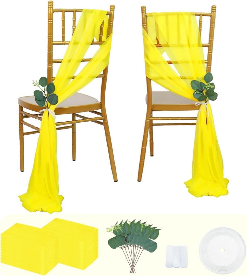 FUHSY Gold Chair Sashes Wedding Chair Cover 24 Pack 8FT Long Chiffon Chairs Bows Sashes Wedding Aisle Decor Chairs Cover for Wedding Bows for Church Pews Reception Banquet Event Aisle Decoration