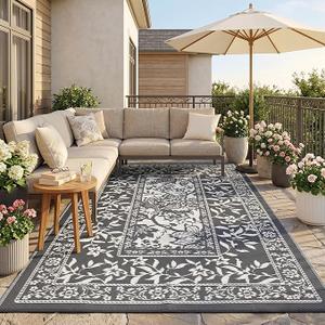 Garvee Outdoor Rug 10x20, Waterproof Reversible Foldable Plastic Straw Rug, Botanical cottagecore Large Outdoor Rugs Patio Camping RV Carpet for Deck Camper Porch Balcony Backyard Picnic Beach Grey