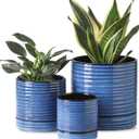 HASENSE Ceramic Pot for Indoor Plant, 8+6+4.6 Inch Planter with Drainage Holes and Saucer, Reactive Glaze Blue Flower Pots for Home Office Decor, Set of 3