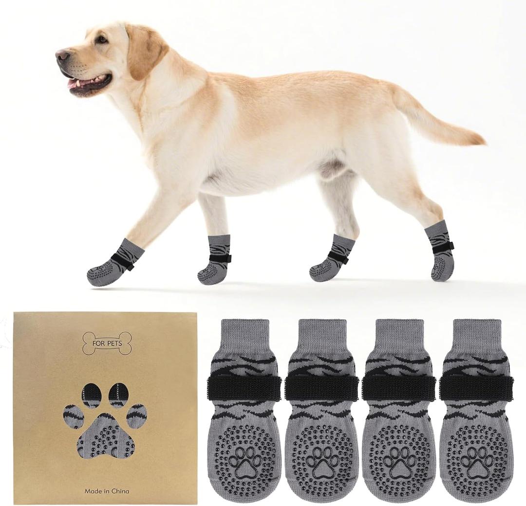 KOOLTAIL Anti Slip Dog Socks to Prevent Licking Paws,Dog Shoes for Hot Pavement & Hardwood Floors,Durable Soft Double Sided Grippy Socks for Small  Dogs, Traction Control for Senior Dogs, Tiger Grey, Small