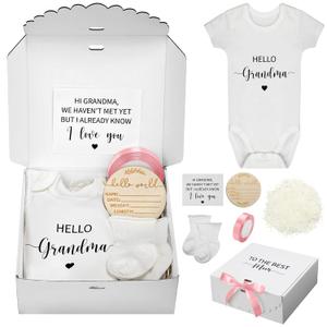 Shyyween 7 Pcs Pregnancy Announcements for Grandma Surprise Baby Announcement Gifts Set Include Bodysuit Pregnancy Reveal Card Socks Ribbon Wood Sign Coming Soon Baby Reveal Ideas for Grandparents