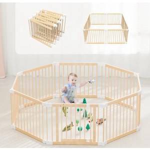Foldable Wooden Playpen, Large Baby Gate Playpen with Door for Toddler and Babies, Safe Play Area Kids Activity Center (26" Tall, 8-Panel)