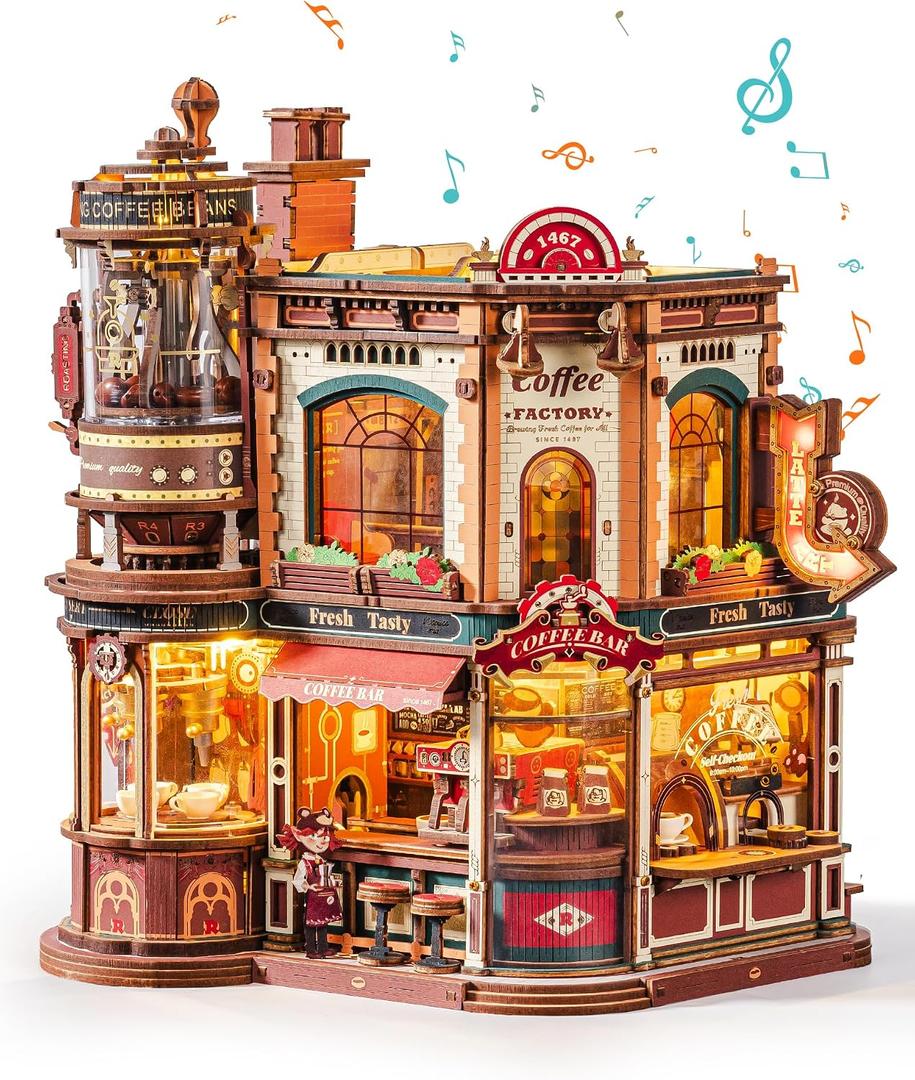 ROBOTIME Moving Coffee Factory 3D Wooden Puzzle for Adults Mechanical Building Kit with Music Box & Warm LED Lights, 593PCS No-Glue Book Nook Kit, Miniature House Kit Desk Decor, Unique Gift