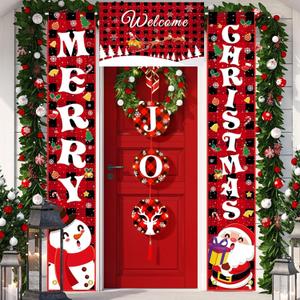 Moukeren 4 Pcs Christmas Decorations Outside for Front Door Rustic Merry Christmas Banner Porch Door Sign Red Black Buffalo Plaid Welcome Banner Joy Hanging Sign for Wall Yard Garage Indoor Outdoor