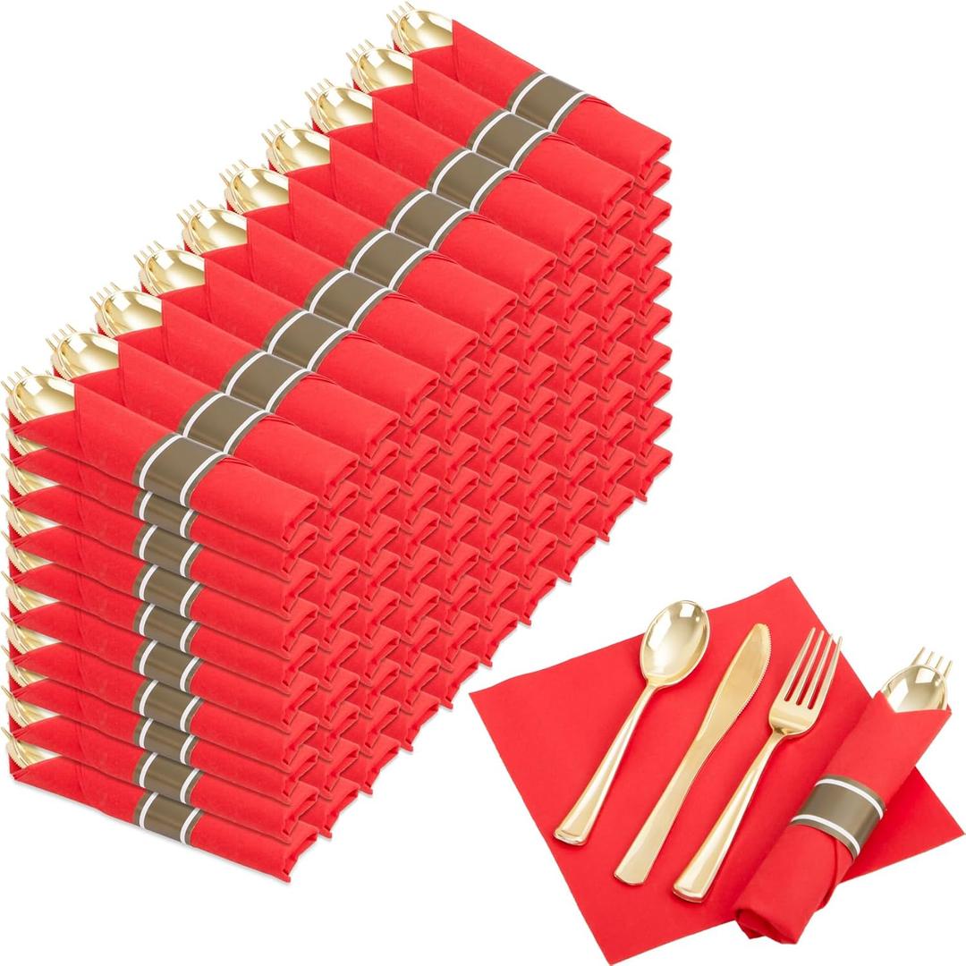 Nervure 400PCS Pre Rolled Gold Plastic Silverware Sets - Heavy Duty Gold Cutlery - Include 100 Pack Wrapped Disposable Utensils with Red Napkins for Christmas & Party & Wedding Nervure 400PCS Pre Rolled Gold Plastic Silverware Sets - Heavy Duty Gold Cutlery - Include 100 Pack Wrapped Disposable Utensils with Red Napkins for Christmas & Party & Wedding
