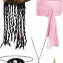 5 Pieces Halloween Pirate Costume Set, Pirate Hat with Dreadlocks Earrings Skull Necklace Eye Patch Large Sash for Men Women (Pink)