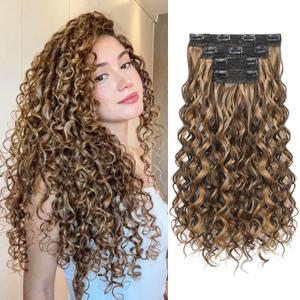 REECHO Curly Hair Extensions, 4PCS 20 inch Clip in Hair Extensions Lace Weft Short Curly Extensions Clip Ins Invisible Natural Hairpieces for Women, Chocolate Brown with Highlights