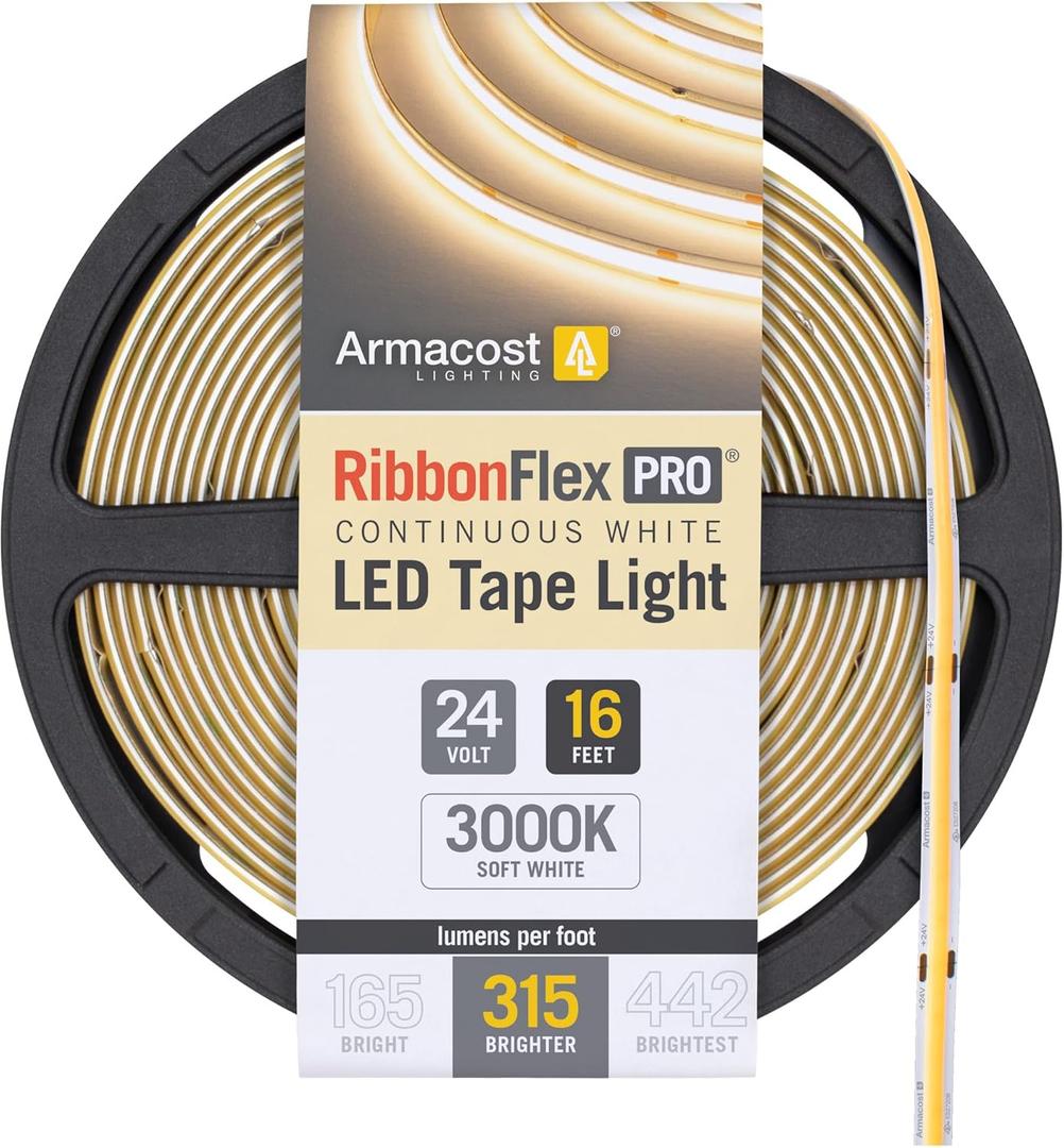 Armacost Lighting RibbonFlex Pro 24V White COB LED Strip Light Tape 3000K, 315 Lumens/Ft, 5M 172230