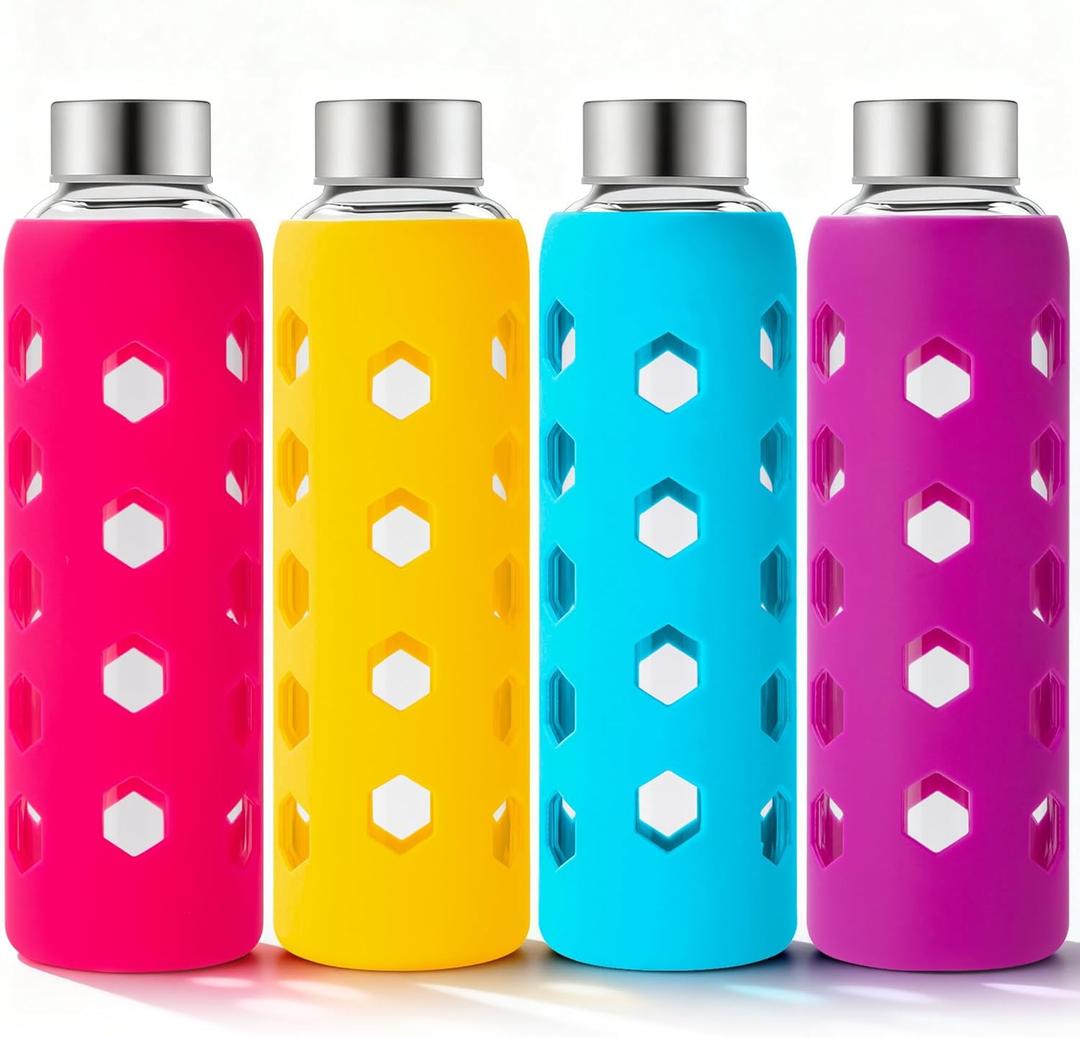Mrsdry Glass Juice Bottles with Lids and Silicone Sleeves 18 oz, 4-Pack Reusable Clear Glass Water Bottles with Stainless Steel Airtight Cap for Juicing, Refrigerator, BPA Free Leak-Proof Drinking Jar