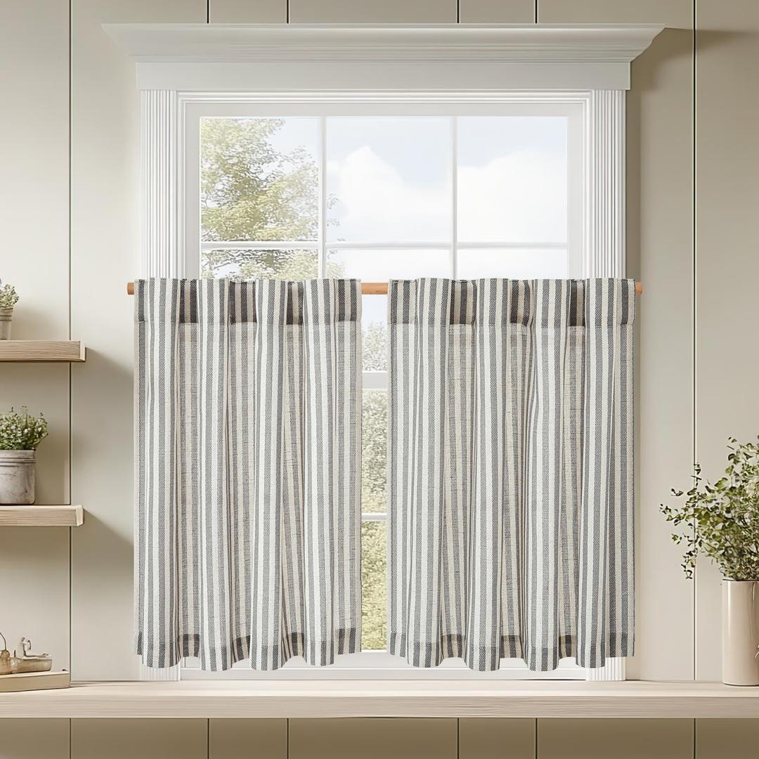 jinchan Linen Kitchen Striped Tier Curtains Ticking Stripe Farmhouse Pinstripe Cafe 24 Inch for Living Room Bathroom Small Window Curtains Light Filtering 2 Panels Black