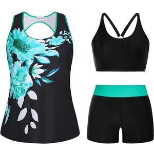 Hanna Nikole 3 Piece Tankini Swimsuits for Women Tummy Control Plus Size Bathing Suit with Boy Shorts Tank Top and Sports Bra (Green Floral)