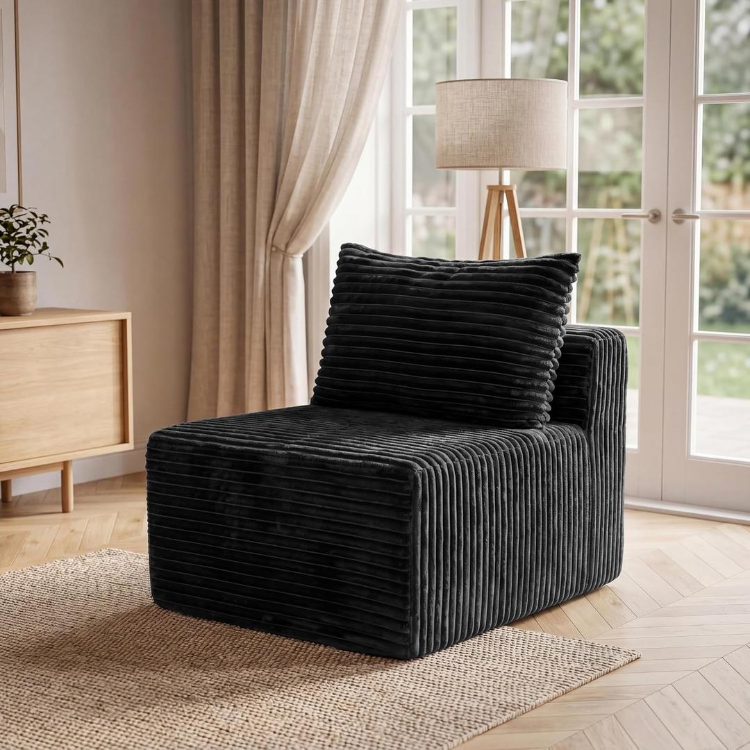 34.6”Modular Sectional Armless Middle Sofa Seat Boneless Corduroy Cloud Chair for Living Room,Black
