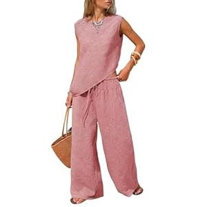 EXLURA Womens Summer Two Piece Sets Cotton Asymmetrical Tank Tops Wide Leg Pants Set Faux Linen Beach Vacation Cruise Outfits. Color RED, M