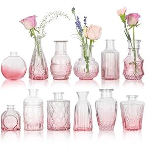 STARSIDE Set of 12 Pink Glass Bud Vases for Wedding Centerpieces - Mini Vintage Vases Bulk for Home Table Decor, Party Rustic Decorations