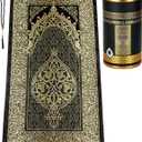 ihvan online Muslim Prayer Rug and Prayer Beads with Elegant Design Cylinder Gift Box, Janamaz, Soft Sajadah, Islamic Gifts Set, Portable Prayers Carpet Mat, Taffeta Fabric, Black