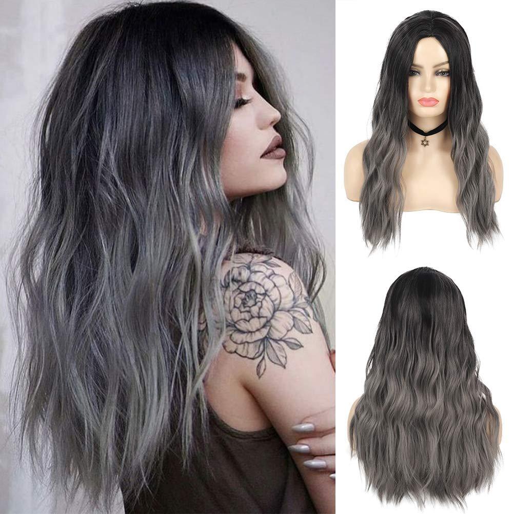 Sallcks Womens Ombre Grey Wig Long Curly Wavy Black Grey Middle Part Synthetic Halloween Cosplay Costume Wig