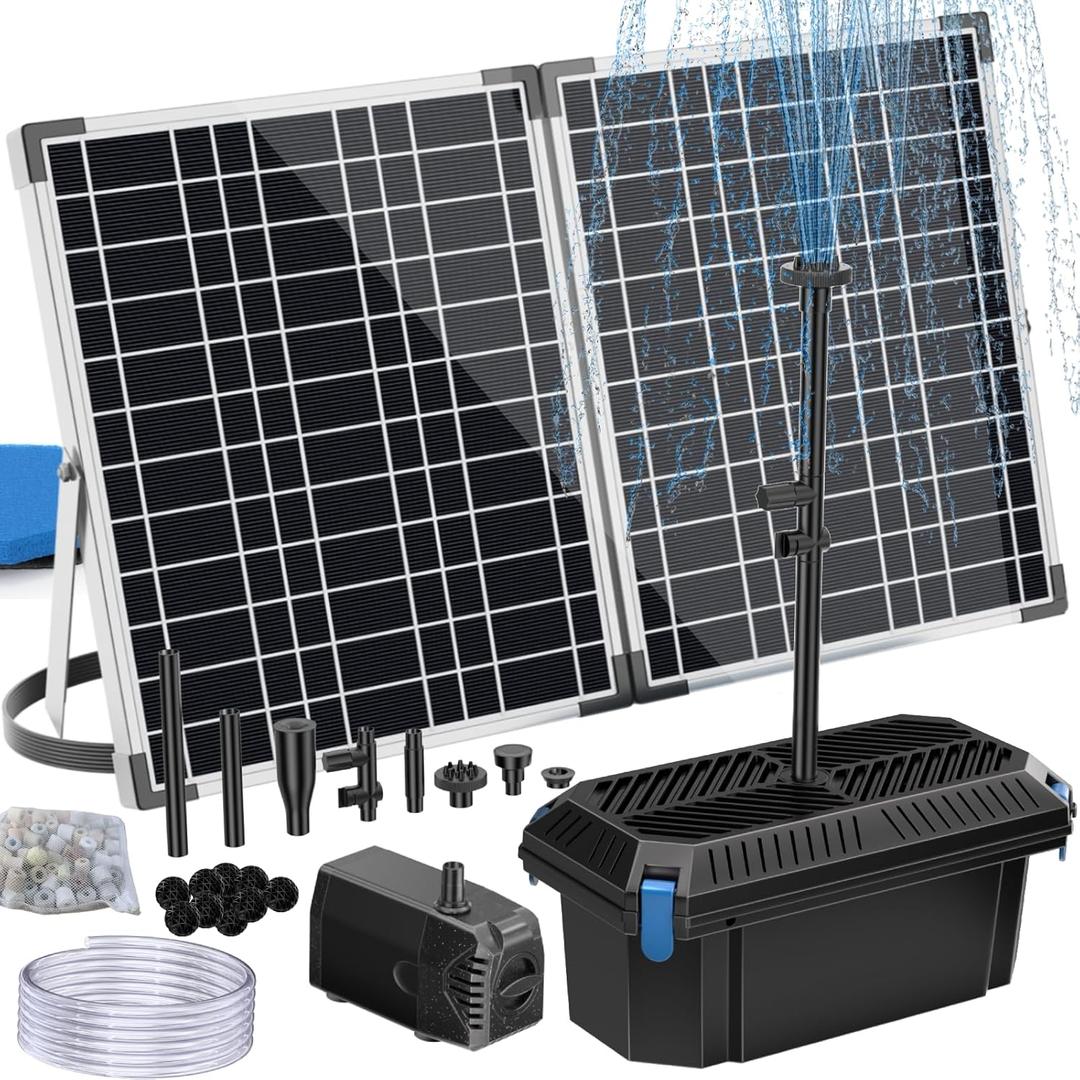 Antfraer 40W Solar Pond Filter with Water Pump, Solar Fountain with Pond Filter Kit, Solar Pond Pump with Pond Filter Box, 6.6ft Clear Tubing for Outdoor Pond Garden Fountain Waterfall
