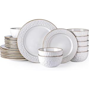 GBHOME Ceramic Dinnerware Sets, 24 pcs Embossed Elegant Stoneware Plates and Bowls Sets, Housewarming Wedding Gift | Dishwasher & Microwave Safe | Dishes Set Service for 8 (Pearl White-Bubble)