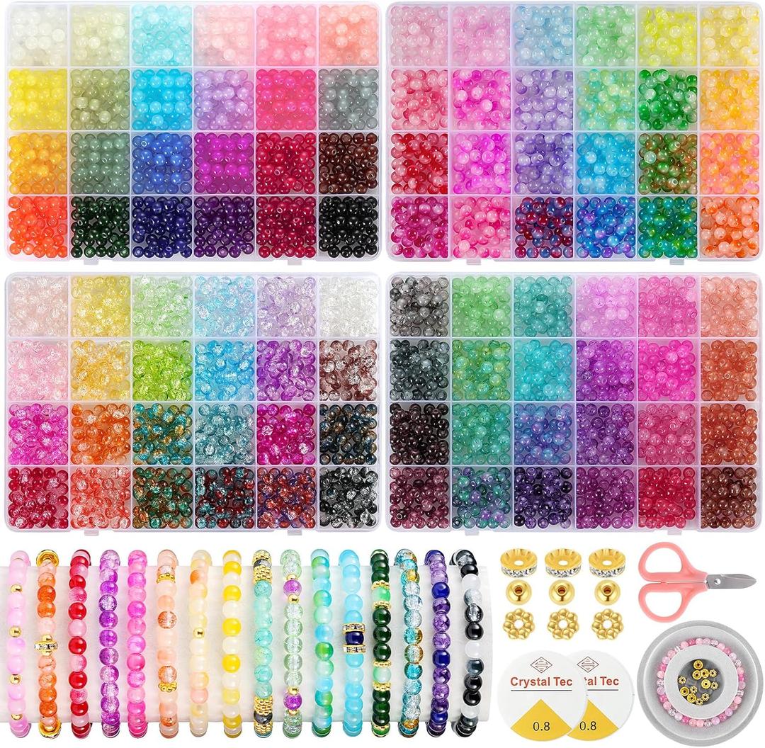 Funtopia 3524pcs Glass Beads Bracelet Making Kit, 4 Types 96 Colors 6mm Glass Beads for Bracelets, Round Crystal Beads for Jewelry Making Necklace Earrings DIY Crafts