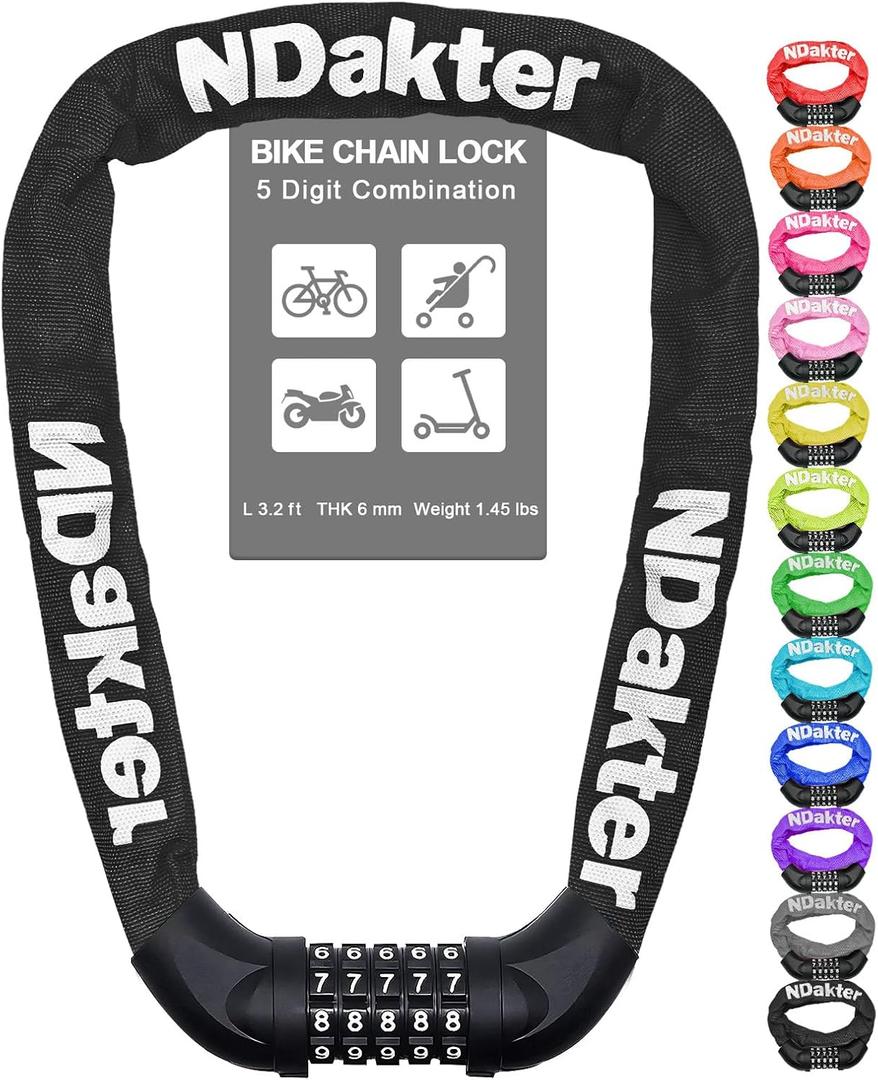 NDakter Bike Chain Lock, 5 Digit Combination Heavy Duty Anti Theft Bicycle Chain Lock, Long Security Resettable Bike Locks for Bike, Bicycle, Scooter, Motorcycle, Door, Gate, Fence, Size: L 3.2 ft TNK 6mm