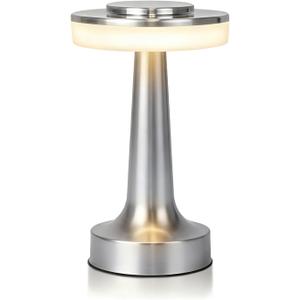 JHPGEOE Cordless Metal Desk Lamp, Touch Sensor Control LED Table Lamp,3 Color Stepless Dimmable Battery Powered Lamp for Living Room, Dorm, Home Office (Silver)