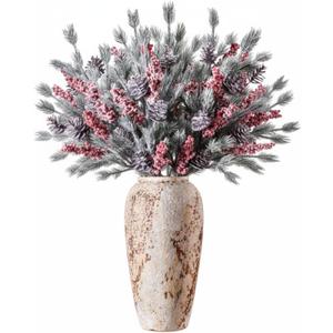 8 Pcs 25.6" Artificial Christmas Snow Flocked Pine Branches with Pine Cones Red Berries Faux Greenery Stems Winter Xmas Tree Needle Pick for Vase Filler DIY Craft Garland Wreath Home Decor