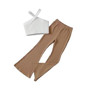 WDIRARA Girl's 2 Piece Outfits Crisscross Crop Halter Top and Rib Knit Flare Leg Pants Set Khaki 11-12Y