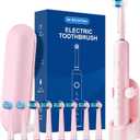 Rotating Electric Toothbrush for Adults, 8 Brush Heads (2 Types) & Travel Case, 5 Cleaning Modes Rechargeable Power Toothbrush with 2-Minute Smart Timer, Pink