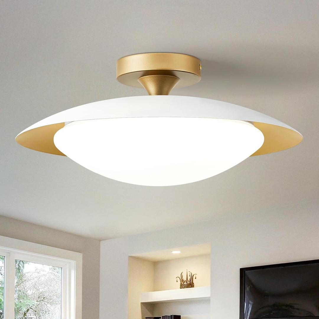 Dimmable Mid Century Modern Semi Flush Mount Ceiling Light with Acrylic Shade,White Gold LED Ceiling Light,5CCT 2700K-6000K Light Fxiture for Hallway Bedroom Kitchen Laundry Room Living Room 15.7 in (15.75in)