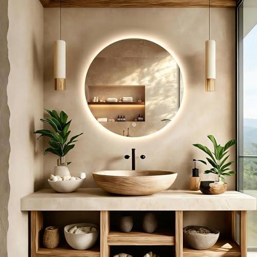 TheiaMo Round LED Mirror for Bathroom, 24" Circle Frameless Backlit Mirror with Lights, Wall Mounted Vanity Mirror, 3 Colors, Dimmable, Anti-Fog, IP65 Waterproof, Memory Function, UL Listed