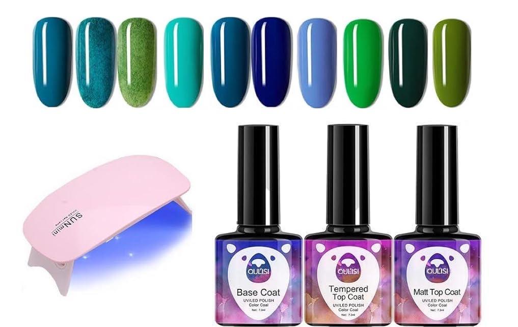 OUL'ISI 14pcs Gel Nail Polish Kit, Popular Bright Nail Art Solid Sparkle Glitters Colors Manicure with UV LED Nail Lamp, Base Coat Top Coat and Matte Coat Home DIY Nail Art Design (Freedom & Health)