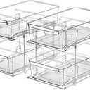 2 Set, 2 Tier Clear Organizer with Dividers for Cabinet, Shelf, Counter - MultiUse Slide-Out Storage Container - Kitchen, Pantry, Medicine Cupboard Bins, Bathroom, Vanity Makeup, Under Sink Organizing