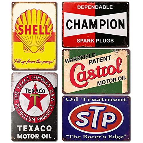 Retro Tin Signs Gas Motor Oil Signs 5PCS Vintage Metal Signs Posters for Garage Man Cave Shop Bar Pub Decor 12x8 inch